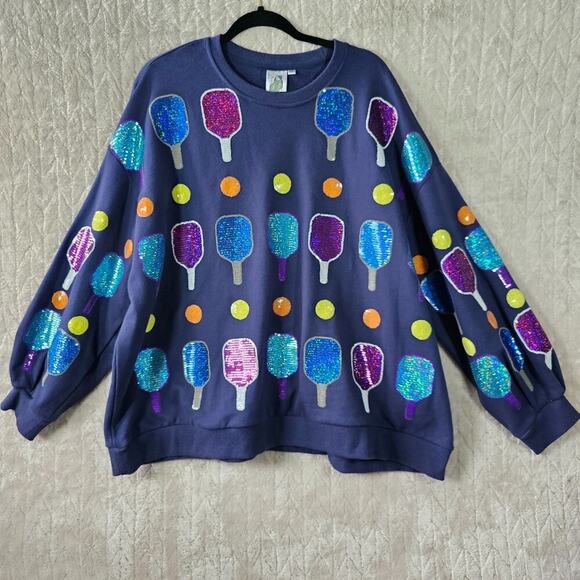 Queen Of Sparkles Sweatshirt XL Pickleball Sequin AOP Sports Preppy Colorful - Picture 1 of 7
